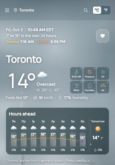 Rainly phone layout showing the current weather and eight-hour forecast