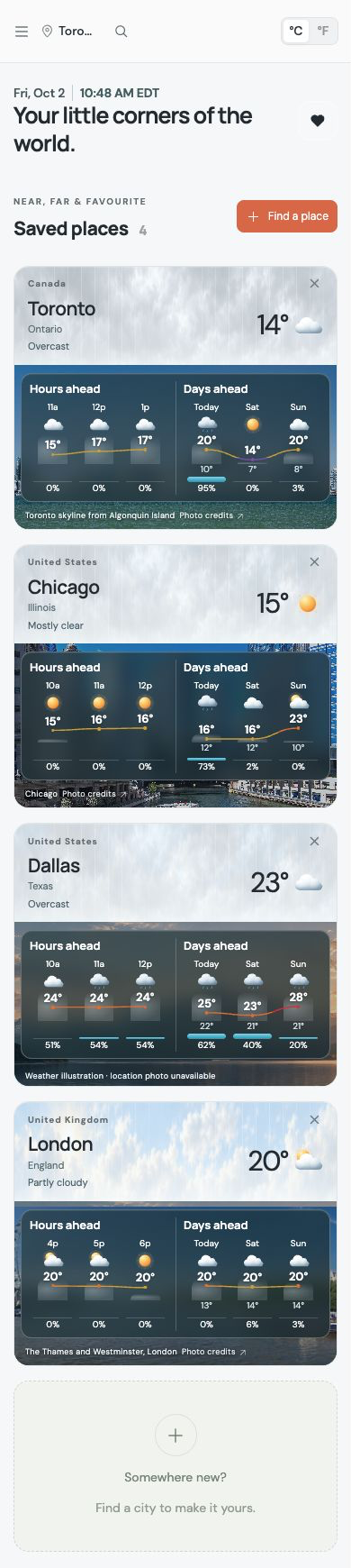 Rainly iOS Saved places showing Toronto, Chicago, Dallas and London with hourly and daily forecasts