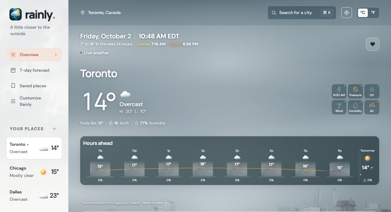 Rainly desktop preview with location navigation, current weather and forecast charts