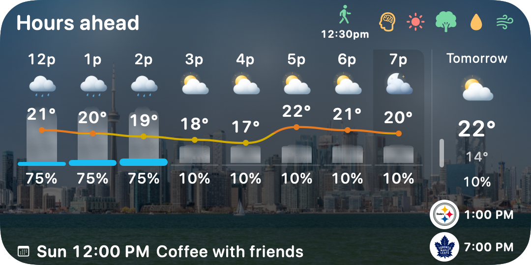 Native Hours ahead widget with Pittsburgh Steelers and Toronto Maple Leafs logos in white circles and example game times